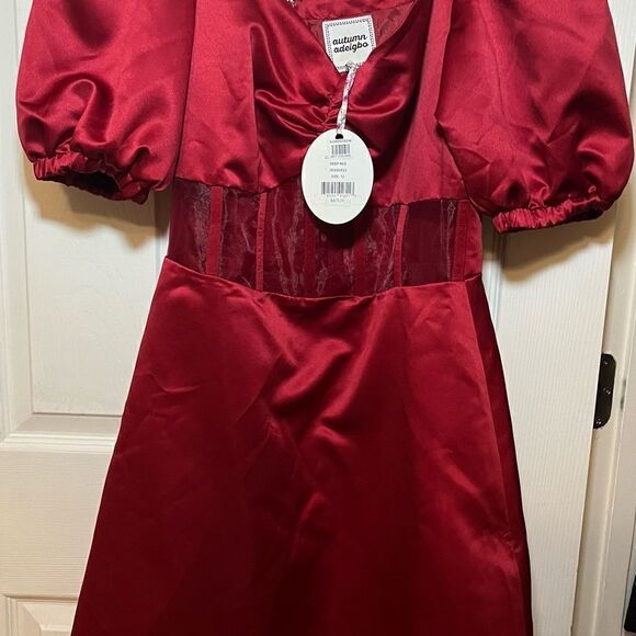 Autumn Adeigbo Clarette Deep Red Satin Puff Sleeve Boned Sweetheart Mini $675 - Picture 2 of 8